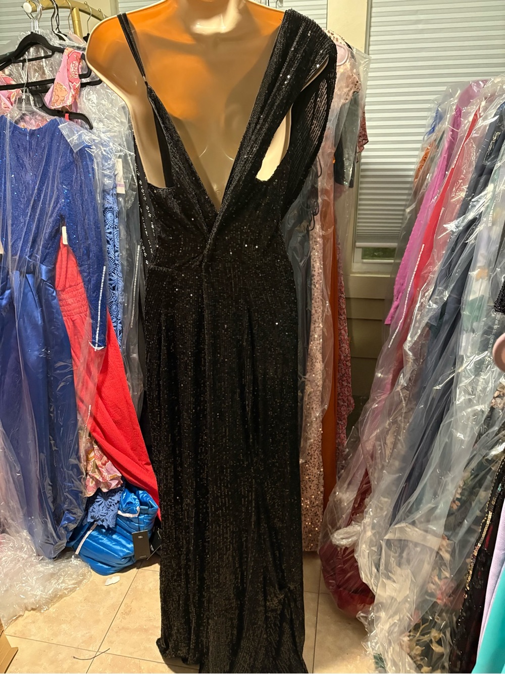 Black Sequin Backless Evening Gown with Draped Side Detail - Picture 2 of 5